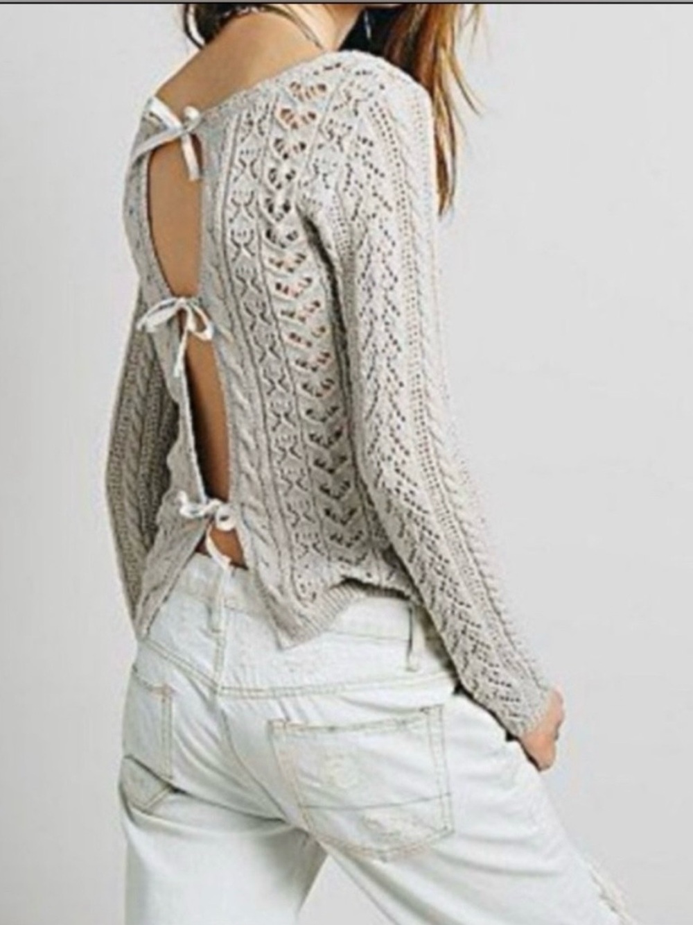 Free People Women's Taupe Openwork V-Neck Pointelle Sweater, open back with ties